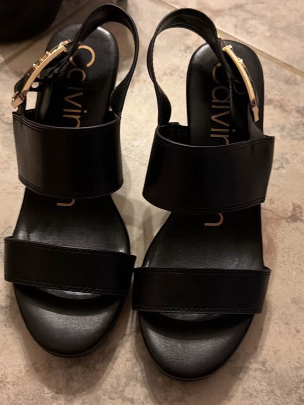 Calvin Klein Black Leather Double-Strap Slingback Sandals with Gold Buckle
